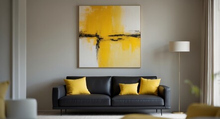 Modern living room featuring a black sofa with yellow cushions and abstract yellow artwork.