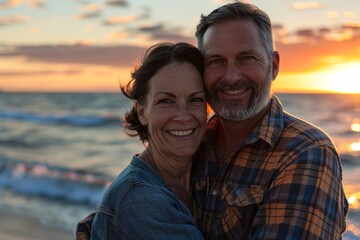 Obraz premium Portrait of a glad caucasian couple in their 40s wearing a comfy flannel shirt in beautiful beach sunset