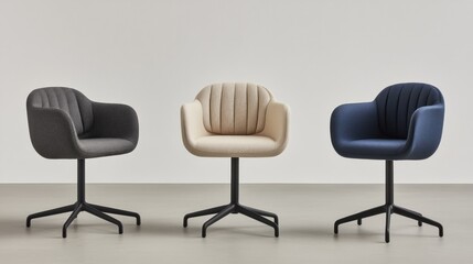 Obraz premium Three modern upholstered swivel chairs in gray, beige, and blue, on a minimalist background.