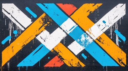 Fototapeta premium Abstract geometric graffiti art on dark background with orange, blue, and white stripes, paint splatters, and grunge texture.