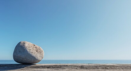 Serene coastal view featuring a stone on wooden ledge under clear blue sky