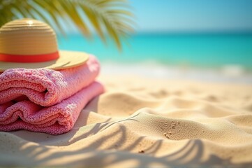 Soft pink towels are neatly stacked beside a sun hat on golden sand, glistening under the warm sun. The crystal clear water sparkles in the distance, creating a serene escape