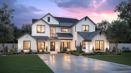 Modern Farmhouse Exterior Design: Dusk Twilight