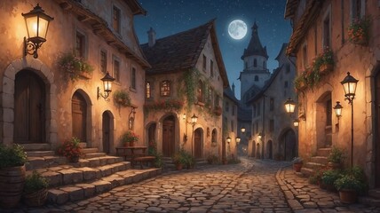 Obraz premium Charming old town, tranquil evening, illuminated street with lanterns, under moonlight