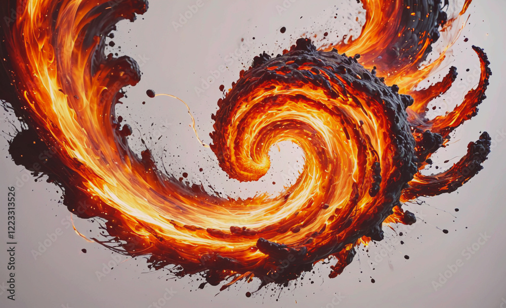 Poster a fiery spiral of lava with a white background. the lava is orange and red, and it looks like it's c