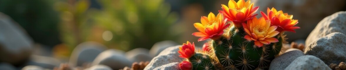 Obraz premium Red and yellow flowers blooming on a small cactus in a rock garden, botanical, plant life