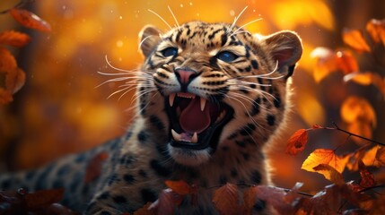 Leopard enjoys colorful autumn foliage backdrop