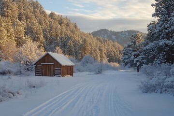 Snowy landscape with wooden cabin.