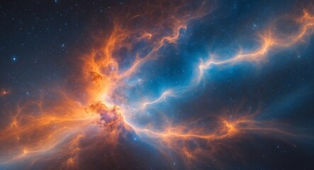 Fototapeta premium Vibrant Cosmic Nebula with Fiery Orange and Deep Blue Tones in Outer Space Illuminating the Galactic Background Ideal for Inspirational Text Copy Space.