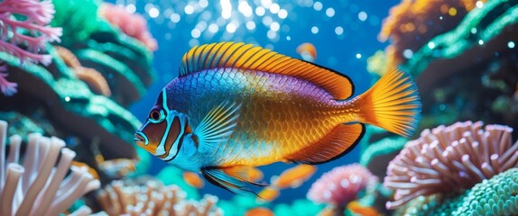 Obraz premium Vibrant Tropical Reef Fish Swimming Gracefully Through Coral with Colorful Marine Background.