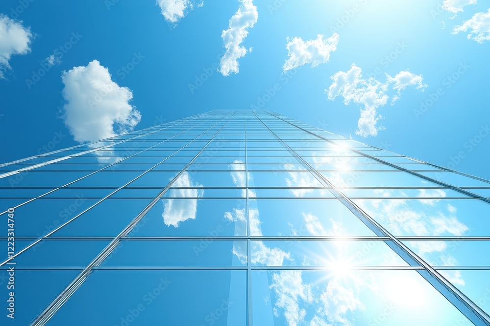 Poster modern skyscraper rises against a clear sky showcasing innovative architecture and glass design in a