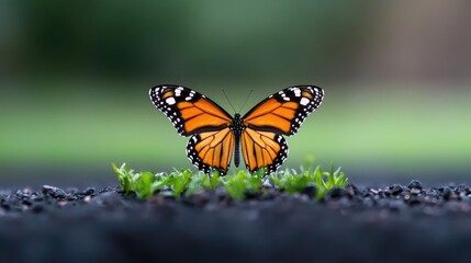 Fototapeta premium Monarch butterfly on new growth, garden background, nature rebirth
