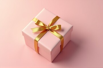 Fototapeta premium Delicate pink gift box with a shimmering golden ribbon placed on a soft pink background, creating a charming ambiance ideal for special moments and celebrations
