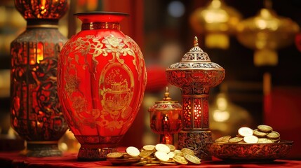 Red and gold decorations adorning a Chinese New Year banquet table, with gold coins, lucky symbols, and elegant lanterns