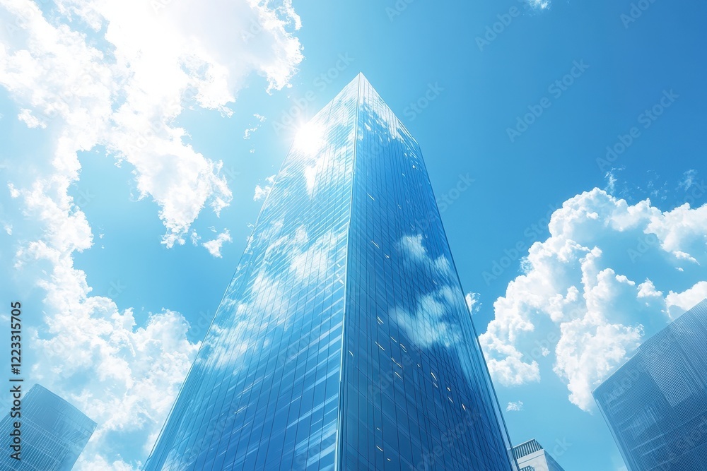 Poster modern skyscraper rises against a clear sky showcasing innovative architecture and glass design in a