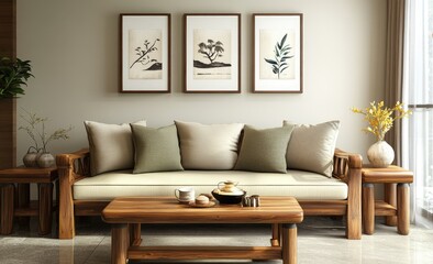 A Scandinavian-style living room with sage green walls, adorned with minimalist wooden furniture and a gray sofa.