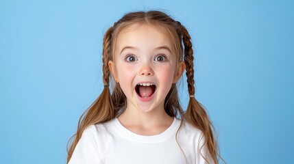 Amazed girl, open mouth, studio shot, blue background, child portrait, website use
