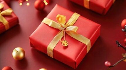 Fototapeta premium Beautifully wrapped Chinese New Year gift boxes with golden ribbons and red paper