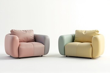 Fototapeta premium Two contemporary armchairs in charming pastel colors sit side by side, adding a touch of elegance to a bright and airy room. The soft textures invite relaxation in a chic setting