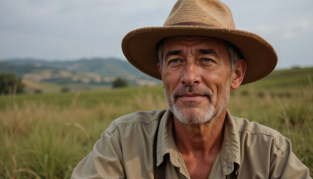 Mature man in hat smiling outdoors in grassy landscape - Powered by Adobe