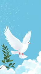 Obraz premium white dove with an olive branch on blue background with copy space vertically 9:16
