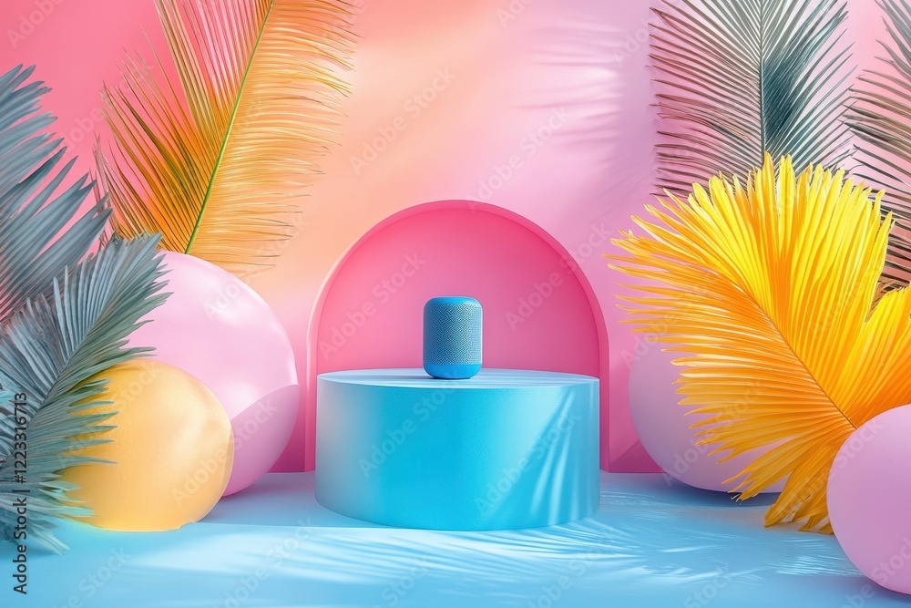 Poster Bright abstract composition featuring colored cylinders and fresh citrus on a vibrant backdrop with botanical elements