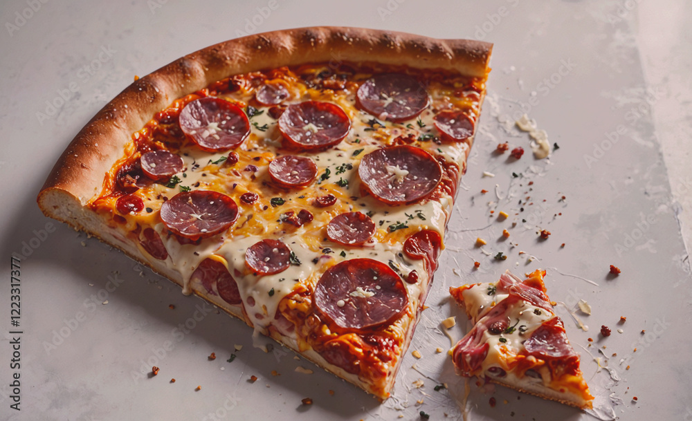 Poster a slice of pepperoni pizza is cut in half and sits on a white table. the pizza is covered in cheese 