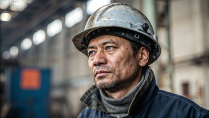 Fototapeta premium Male factory worker wearing helmet in industrial warehouse