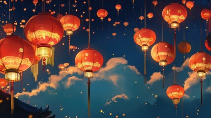 Obraz premium A set of red lanterns and gold decorations hanging against a backdrop of dark blue sky for Lunar New Year