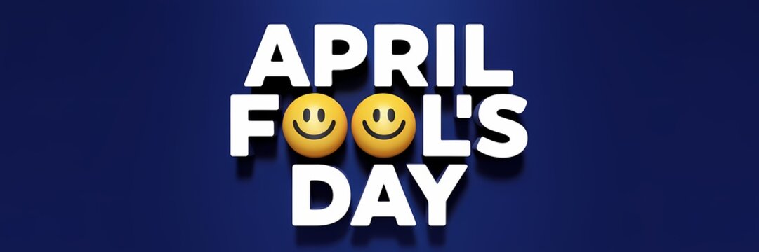 A night theme, 3D render of a creative minimalist April Fool's Day poster design. There is a large, white text that says "April Fool's Day". Below the text, there is a small, yellow smiley face. 