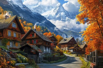 Fototapeta premium Autumn village nestled in majestic mountains