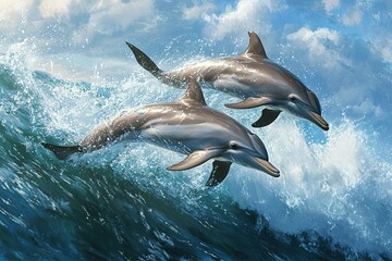 Fototapeta premium Two dolphins leaping playfully in ocean waves