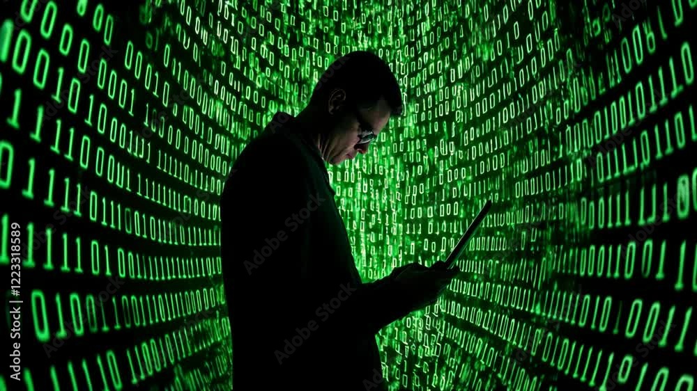 Poster digital silhouette surrounded by green binary code and data technology visualization