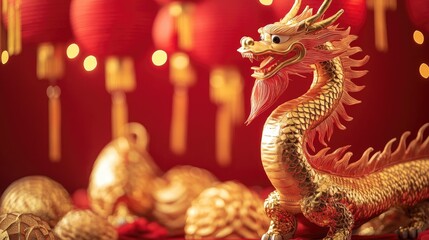 Obraz premium Golden dragon and lantern decorations in a red and gold theme for Lunar New Year celebrations