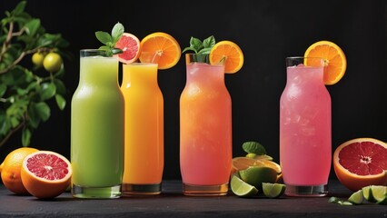 Fototapeta premium A vibrant arrangement of refreshing drinks against a dark background.