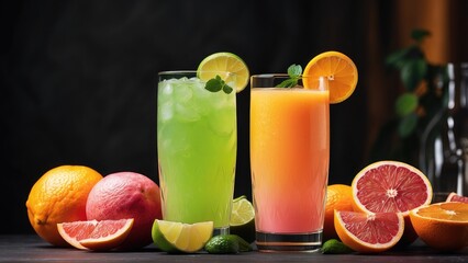 Fototapeta premium A vibrant arrangement of refreshing drinks against a dark background.