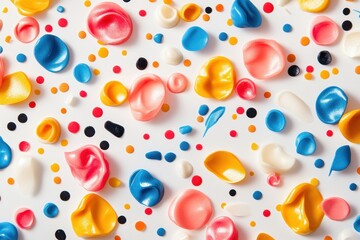 Colorful abstract pattern created by scattered paint blobs and dots on a white background at an art studio