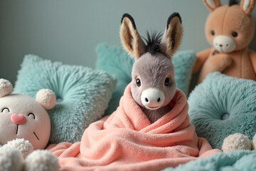 Charming donkey foal wrapped in pastel salmon-pink blanket surrounded by plush teal-grey toys and cushions, cozy corner symbolism of warmth and comfort. Newborn animals, Spring Equinox concept