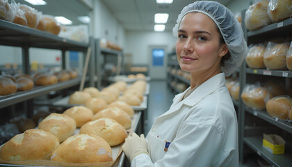 Female bakery worker in uniform surrounded by fresh bread