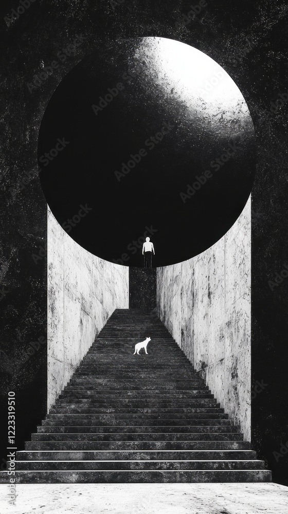 Aufkleber a figure ascends a grand staircase beneath a mesmerizing circular void, accompanied by a curious dog