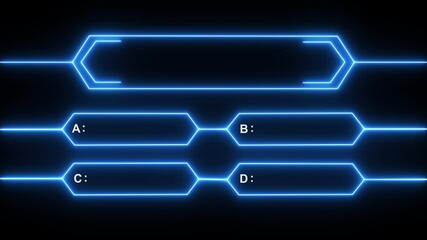 Animation of a neon blue quiz line with a choice of answer options on a black background. Question mark motion animation, futuristic cyber tech visual, asking doubts confusing graphics animation