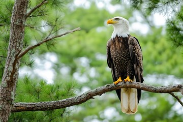 Majestic bald eagle perched on a tree branch