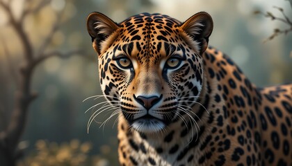 Obraz premium Close-up portrait of a majestic jaguar, showcasing its striking spotted coat, intense gaze, and detailed facial features in a natural, blurred background.