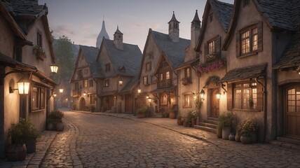 Fototapeta premium Charming old village, peaceful evening, cobblestone street lined with rustic houses