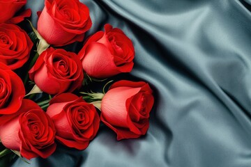 Red Roses Beautifully Displayed On Silky Teal Fabric