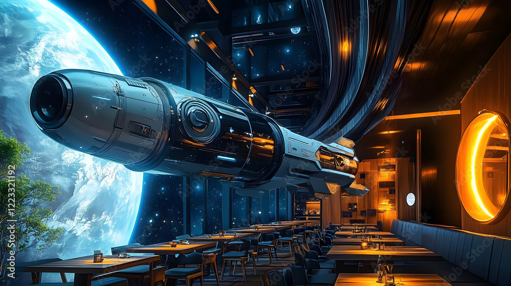 Canvas Prints a futuristic spaceship flying through space near a planet.