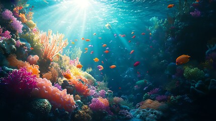 Fototapeta premium Vibrant coral reef teeming with colorful fish illuminated by sunbeams.