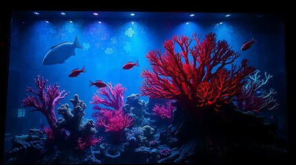 A warm golden glow casts an eerie, creepy atmosphere over a vibrant reef scene filled with corals and colorful fish. The reef is depicted in dark tones, Created using Generative Ai