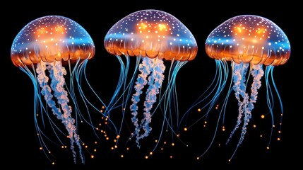 Three Glowing Jellyfish on Black Background