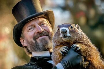 A man wearing a top hat holds a groundhog, possibly for a photo shoot or event